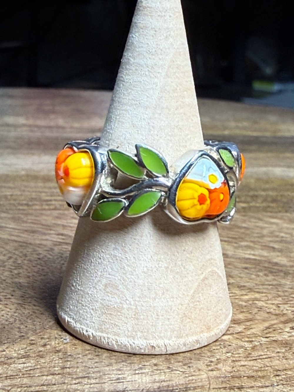 Alan K Sterling Floral Ring Orange and Yellow Mosaic Glass  and Green Leaves